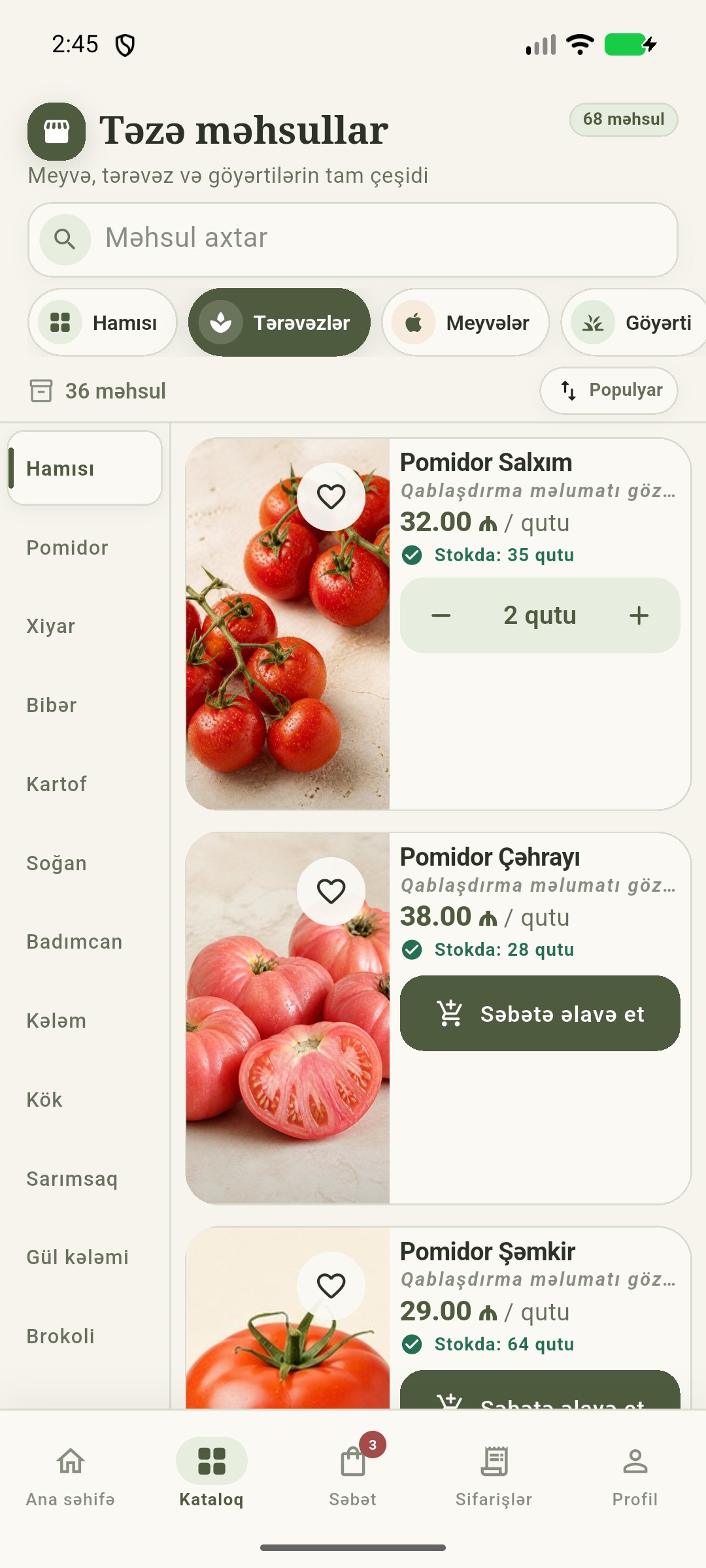 Pelin kateqoriya ekranı
