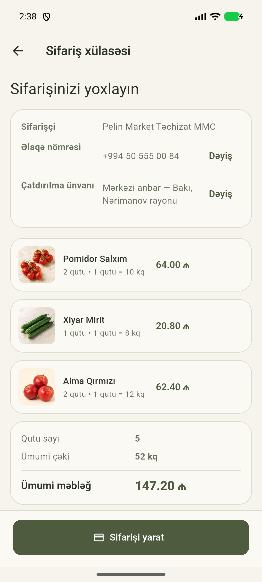 Pelin checkout ekranı