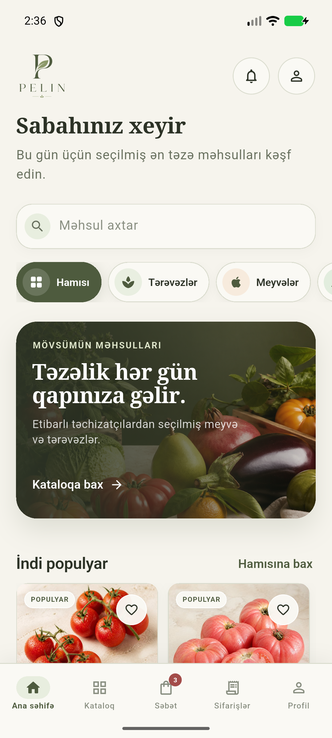 Pelin ana səhifə ekranı