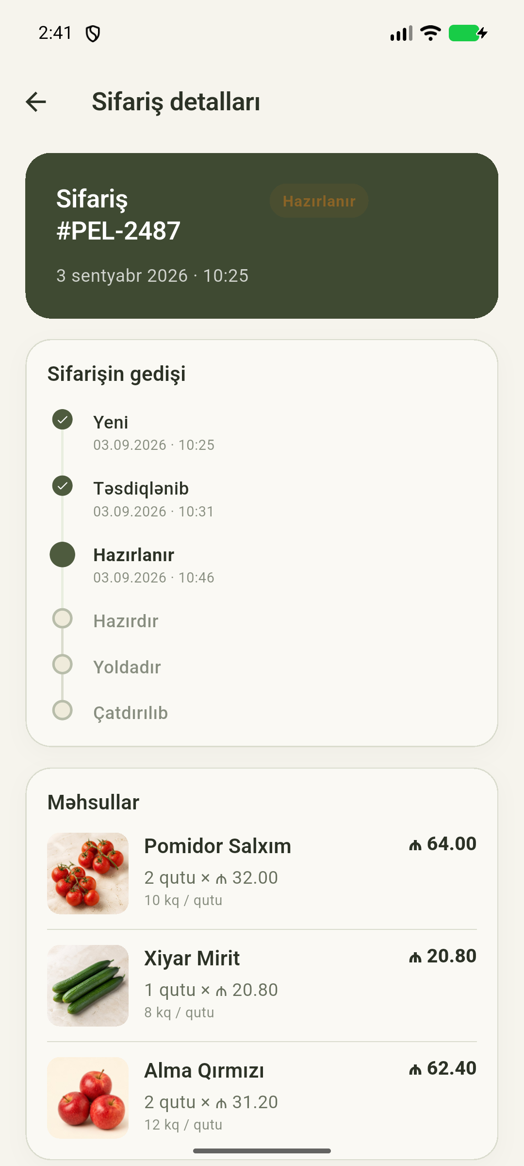 Pelin sifariş detalları ekranı