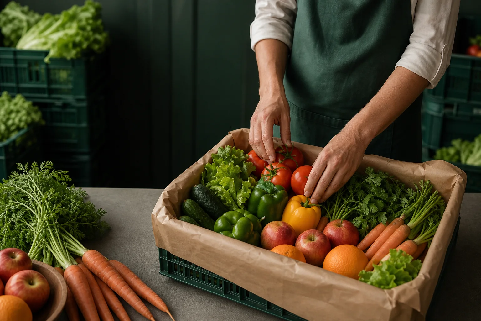 Fresh fruits and vegetables being packed in a reusable delivery crate