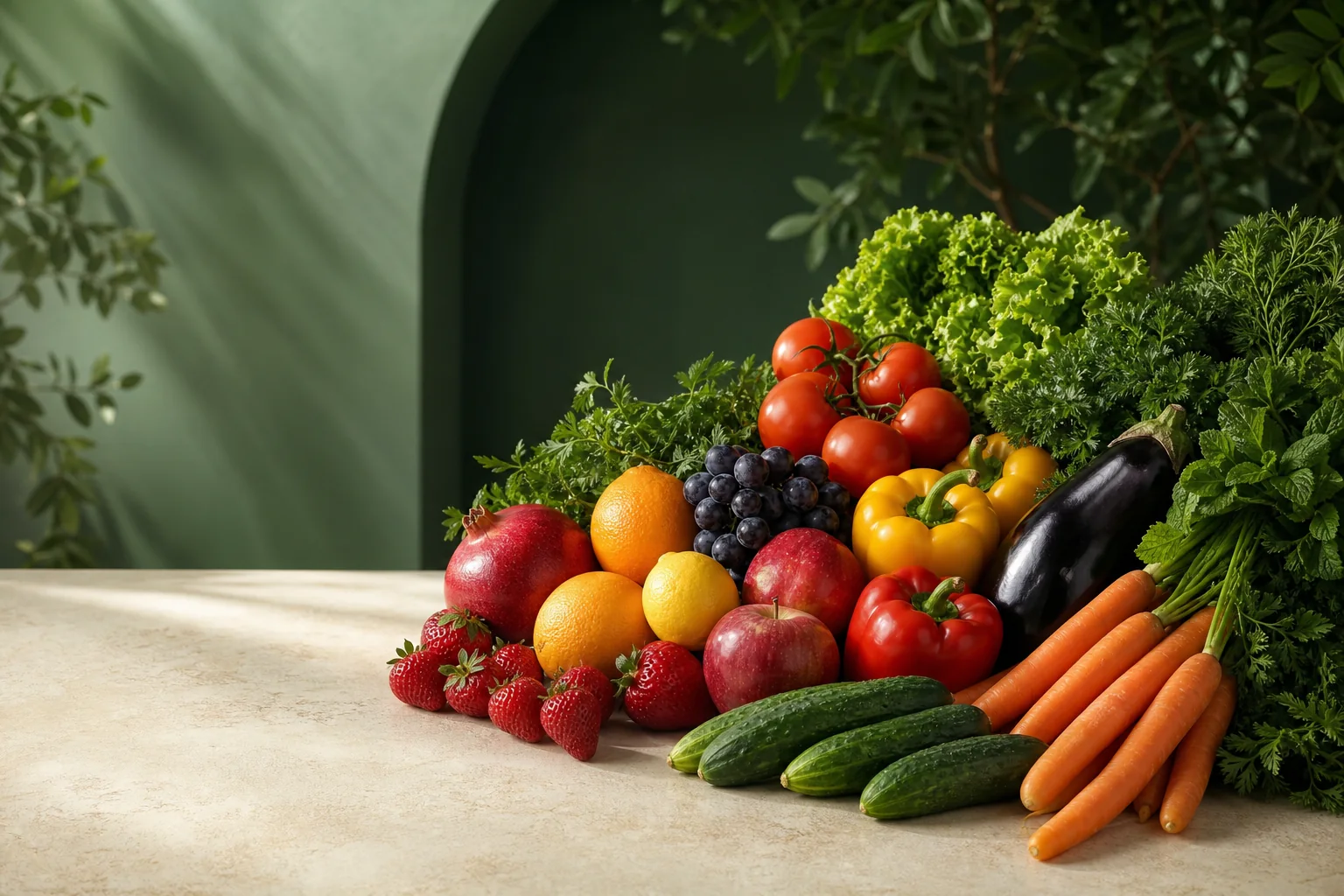 Fresh tomatoes, cucumbers, peppers, carrots, apples, citrus fruit and herbs
