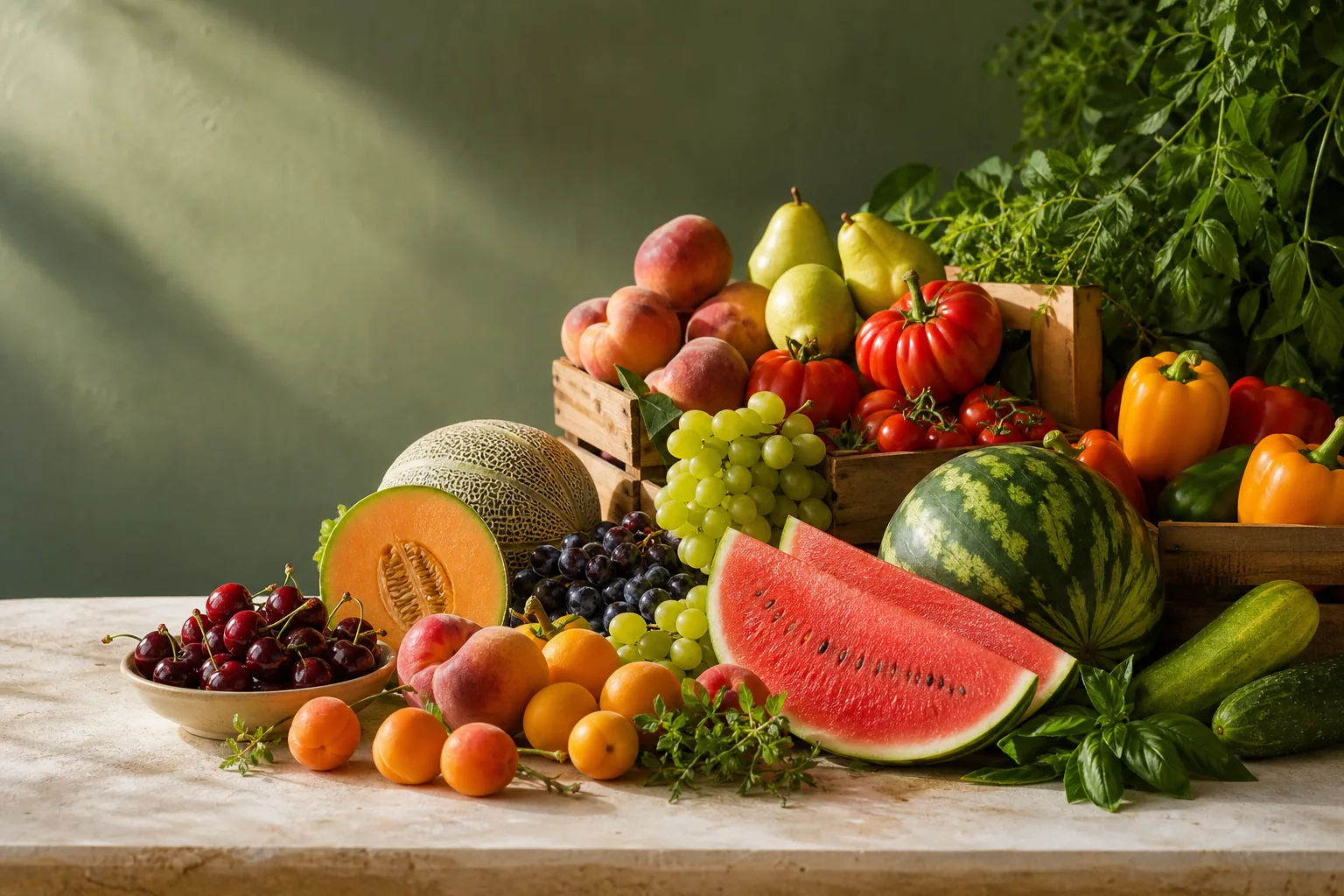 Seasonal watermelon, melon, peaches, grapes, tomatoes and peppers