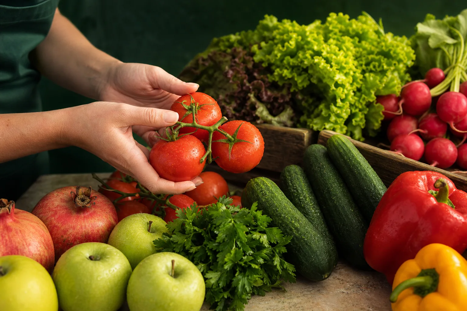 Fresh tomatoes being checked beside cucumbers, peppers, apples and herbs
